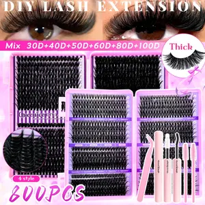 Eyelash Extensions Kit with 800pcs Lash Clusters, 2-In-1 Lash Bond, Tweezers, Lash Brush, Mixed D Curl, Reusable for Beginners