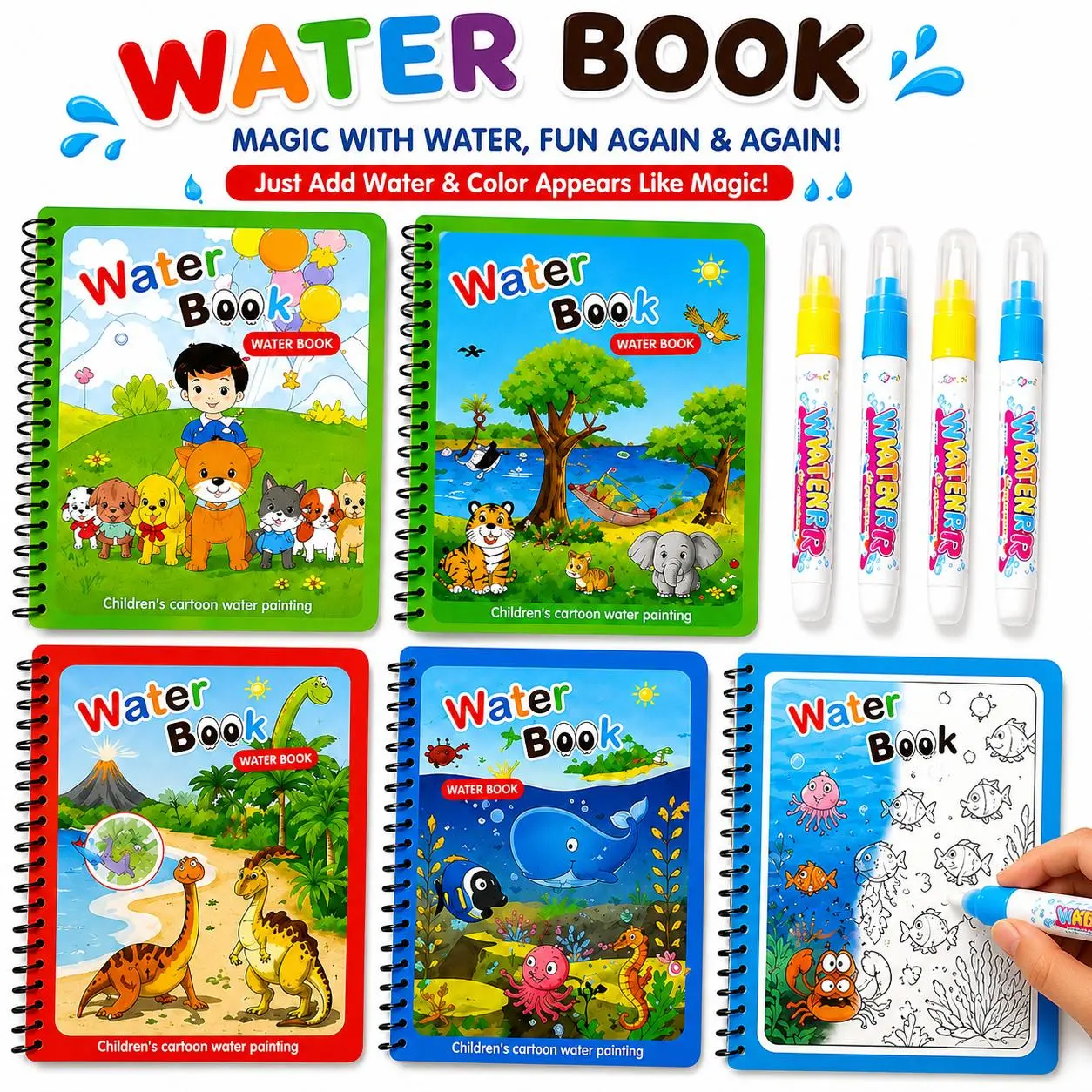 Kids Reusable Magic Water Coloring Book- 7.3inch x 5.1inch Vibrant Spiral Notebook, Child-Friendly Design, Cartoon Pages, Refillable Water Pens, Color-Reveal Pages, Travel-Friendly, Ages 2-6 Preschool Learning Toy, Toddler Gifts for Birthdays/Easter