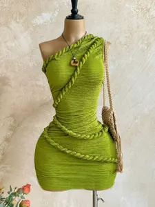 New Boho Style Knot Shoulder Mini Dress, Summer Women's Vintage Holiday, Fitted Plain Design, Casual Fashion for Vacation