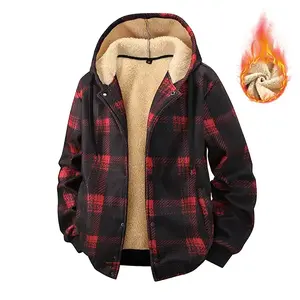 Men’s black and red plaid fleece-lined hooded jacket — warm sherpa-lined coat, American vintage streetwear shirt