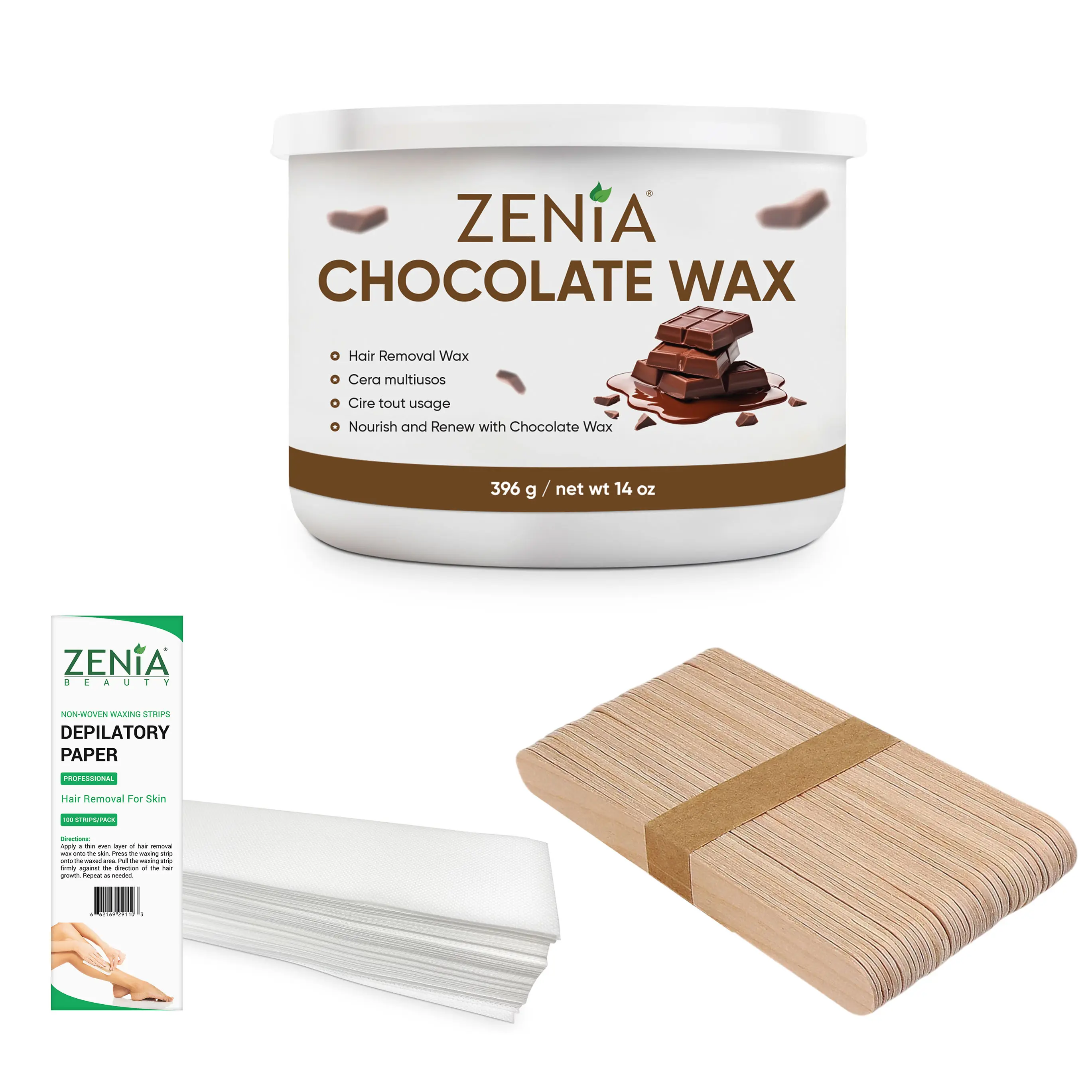 (3pc Bundle Pack) Zenia Chocolate Wax 14oz + Applicators + Waxing Strips