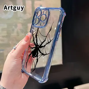 Black Spider Pattern Four Corner Anti-Fall Phone Case Transparent Electroplated Protective Cover for iPhone 16 Pro Max 15 Plus 14 13 12 11 E