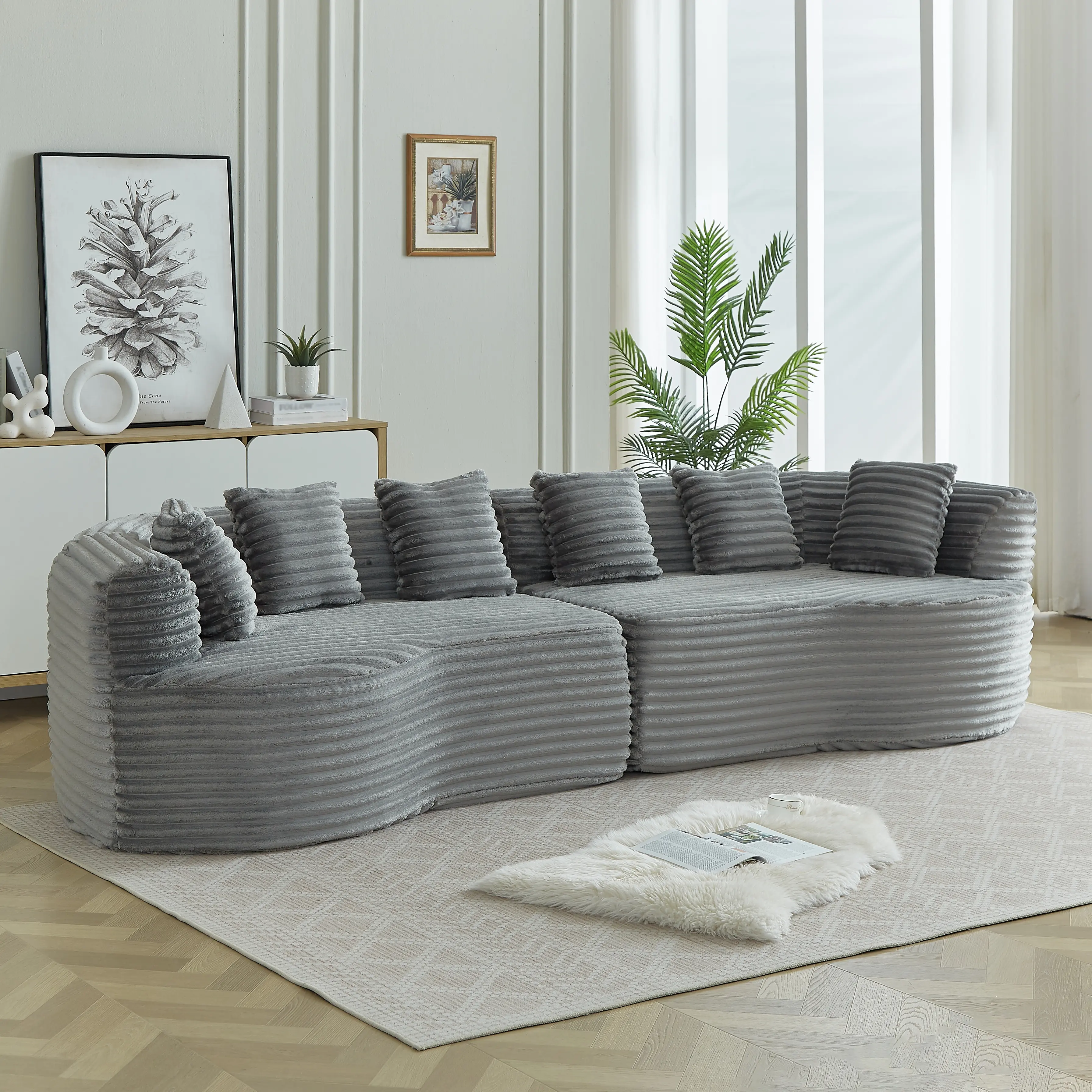 111.5" Curved Sectional Sofa with 6 Pillows – Modern Corduroy Cloud Couch, Oversized Deep Seat, Memory Foam Cushions, Luxury 4-Seater, Ideal for Living Room, Family Room, or Lounge