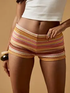 MISSGUIDED Boho Crochet Knit Beach Shorts Festival Style High Waisted Woven Summer Vacation Holiday Resort Wear Beach Bottoms Casual Mini Hot Pants