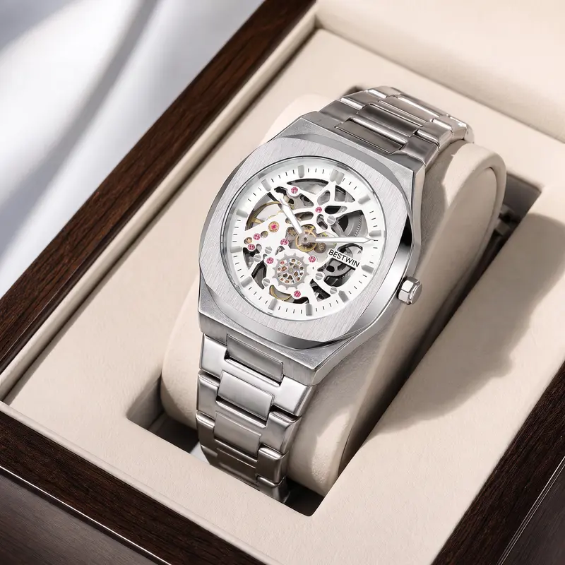 Men's mechanical skeleton quartz watch - 42 mm case, small seconds hand dial, integrated metal strap - WB983