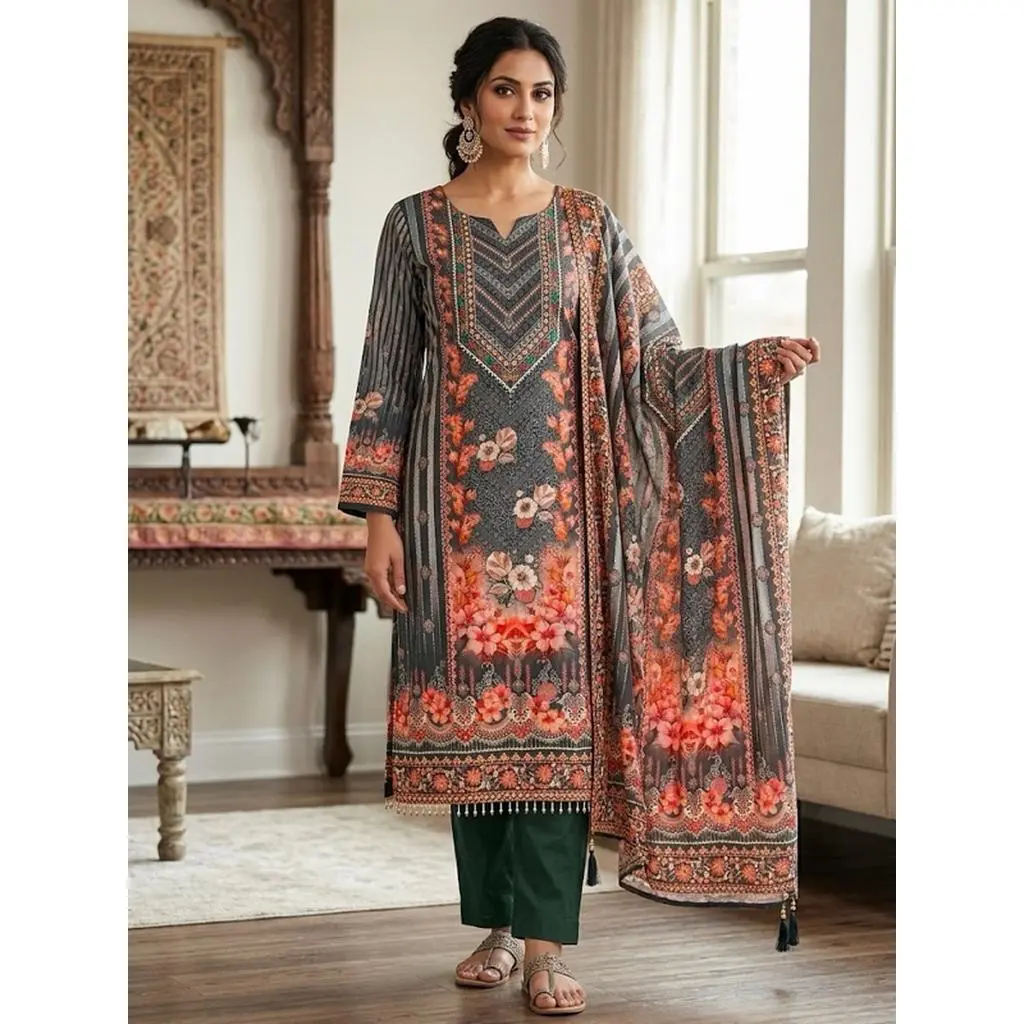 Women's Floral Ethnic Print Kurta Set with Dupatta Elegant Three-Piece Outfit Traditional Festive Wear Trousers and Kurti Casual Kurti Set Size L XL XXL