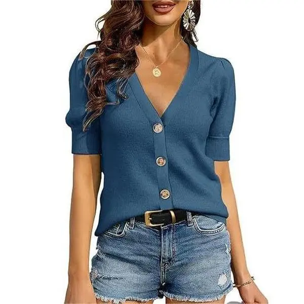 Imily Bela Womens Puff Short Sleeve Sweaters Pullover Shirt Tops V Neck Lightweight Knit Sweater Blouses