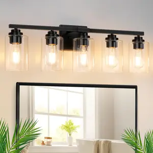 5-Light Bathroom Light Fixtures, 27"&31" Modern Vanity Lights Over Mirror with Clear Glass Shades, Matte Black Light Fixture, Classic Wall Light Fixture for Mirror Living Room Cabinet Bedroom Porch