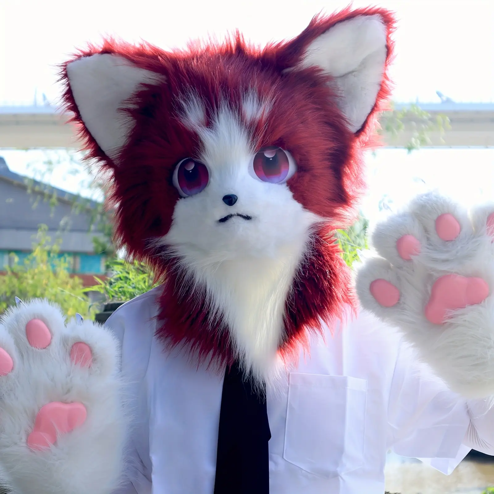 [Plush Cat Fox Fursuit] Realistic Plush Cat Fox Furry Fursuit Head Mask - Soft Faux Fur, Adjustable Straps, Cute Cat Ears, Tail, and Paw Design |   Costume Accessory for Halloween, Cosplay, and Parties