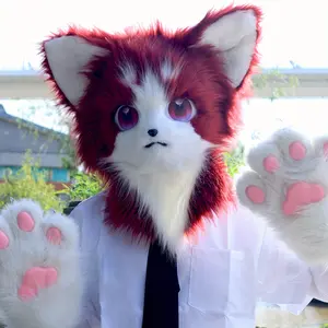 [Plush Cat Fox Fursuit] Realistic Plush Cat Fox Furry Fursuit Head Mask - Soft Faux Fur, Adjustable Straps, Cute Cat Ears, Tail, and Paw Design |   Costume Accessory for Halloween, Cosplay, and Parties