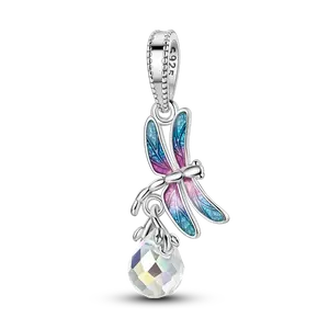 MULA 925 Silver-plated dragonfly charm with colorful enamel wings and crystal pendant, suitable for pandora bracelet, elegant and natural style, suitable gift for women and girls
