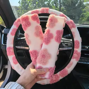 3-Piece Car Interior Set, Floral Plush Winter Steering Wheel Cover and Seatbelt Shoulder Pads, Non-Slip, Warm, Cute, Girly Car Accessories, Car Interior Kit, Cute Car Accessories, Car Interior Decoration, Girly Car Interior Sets, Universal Fit