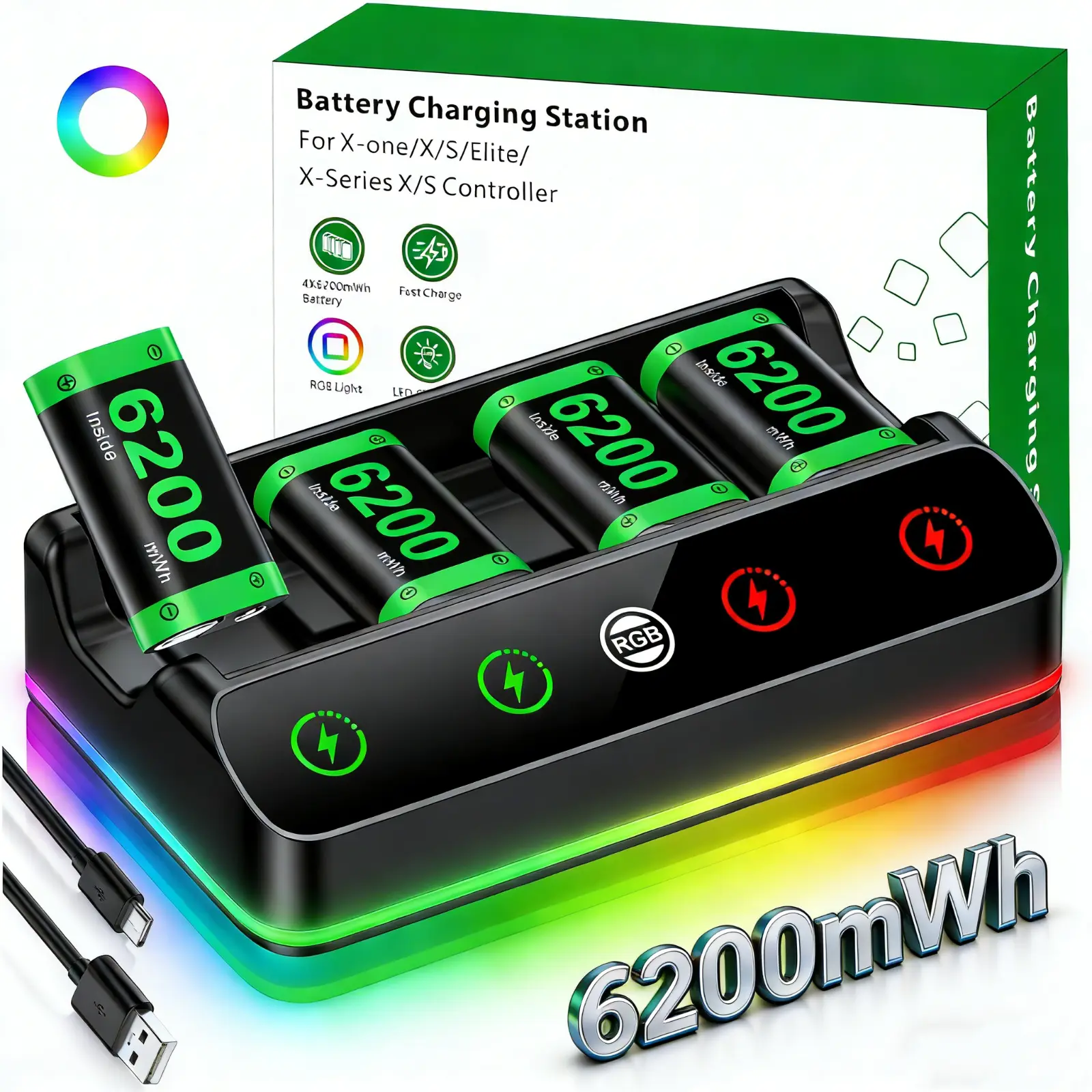 4X 6200mWh Battery Pack For Xbox One X/S&Series S/X Controller Charging Station