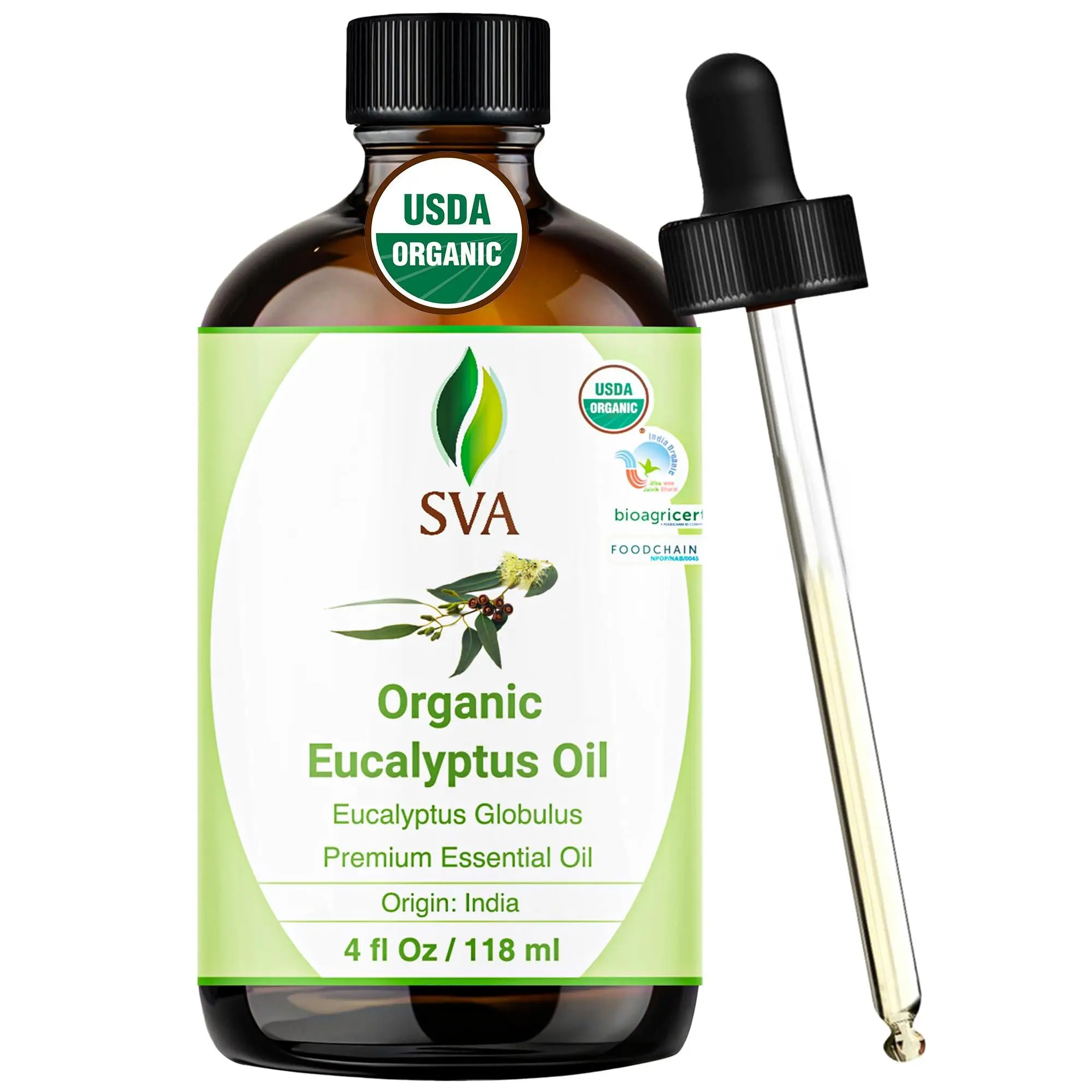 SVA Organic Eucalyptus Essential Oil - 4 Fl Oz Single Item with Dropper, 100% Natural for Home Fragrance, Body Care, Selfcare, Cosmetic Scent Uses