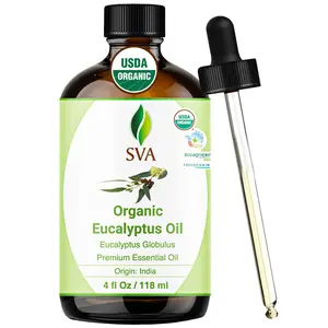 SVA Eucalyptus Essential Oil Organic – 4 Fl Oz – 100% Natural Organic Eucalyptus Oil - for Diffuser, Hair, Face, Skin Care, Aromatherapy, Scalp and Body Massage, Soap and Candle Making - with Dropper