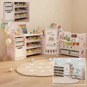 Foldable Kids Toy Storage Organizer with 10 Removable Bins and 3-Tier Bookshelf, 4 in 1 Multifunctional Large Toy Organizer with Drawing Board for Kid Bedroom Playroom Living Room, Light Pink