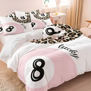 Sweet Cool Y2K Duvet Cover Set, 1 Cover & 1-2 Coreless Pillowcases，Pink Color Leopard Print & Lucky 8 Ball, Leopard Print Bedding Set, Soft Comfortable, Unique Vintage Bedroom Decor, Fashion Gift for Men and Women