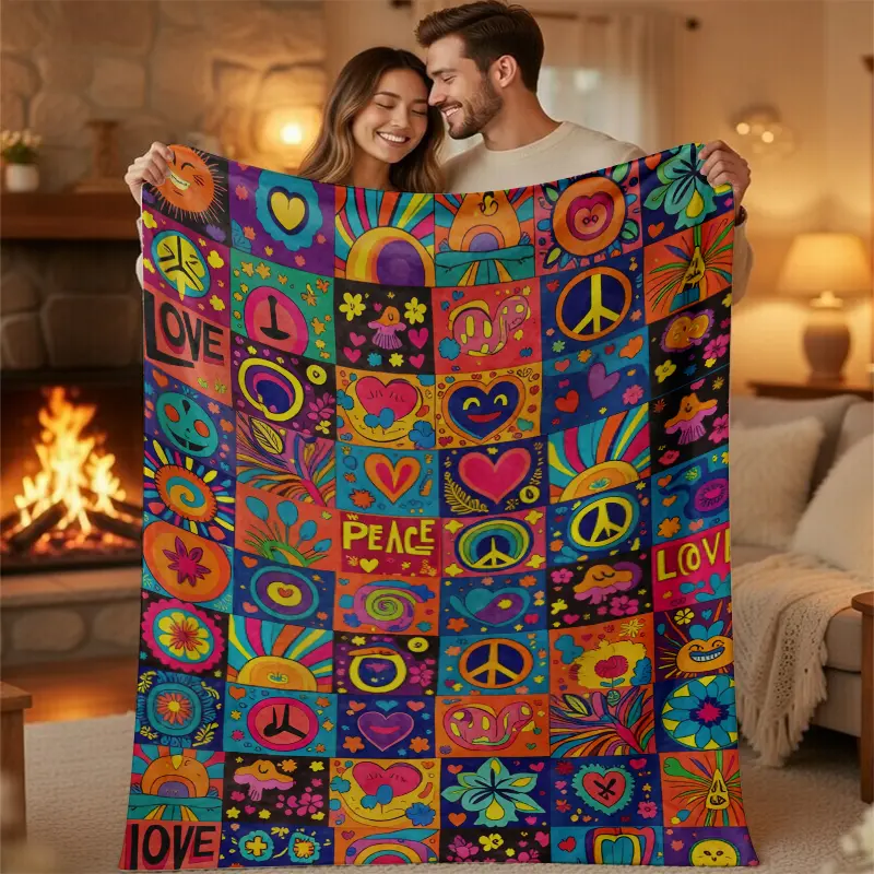 Retro 70s Groovy Peace and Love Flannel Throw Blanket, Aesthetic Colorful Hippie Boho Room Decor, Ultra Soft Cozy Plush Blanket for Couch Bed, Perfect Gift for Her, Boho Blankets, Colorful Afghan Blankets