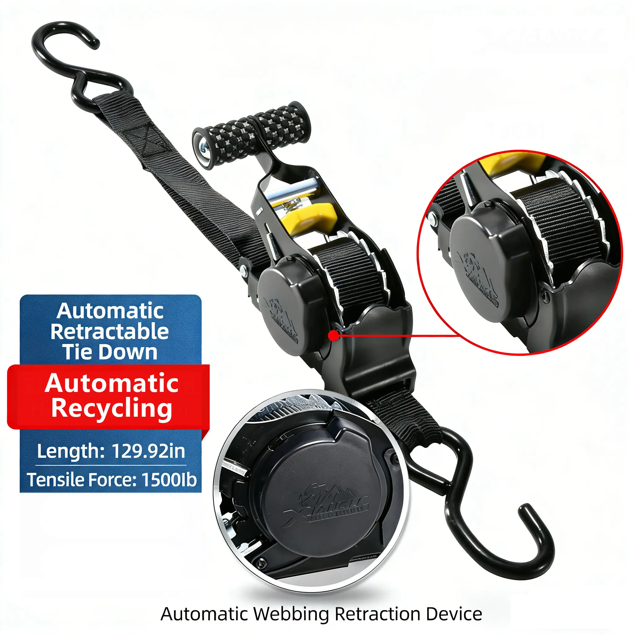 Auto Retractable Ratchet Tie Down Straps, 1500 lbs Capacity, 192.92 Inches Polyester Web Cargo Lashing with Padded Handles for Trucks, Motorcycles