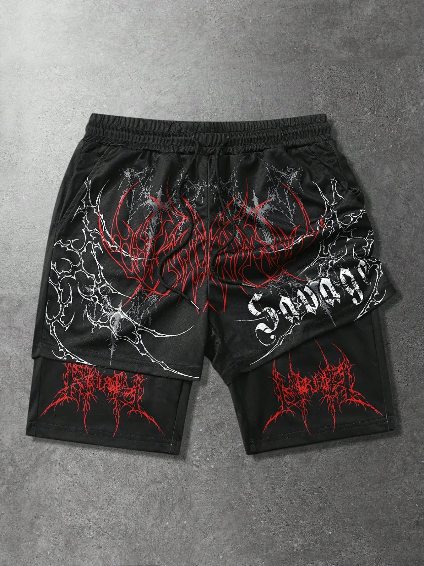 Men's gothic Graphic print faux two-piece shorts, perfect for everyday wear in spring and summer, Streetwear, Casual Sports Shorts