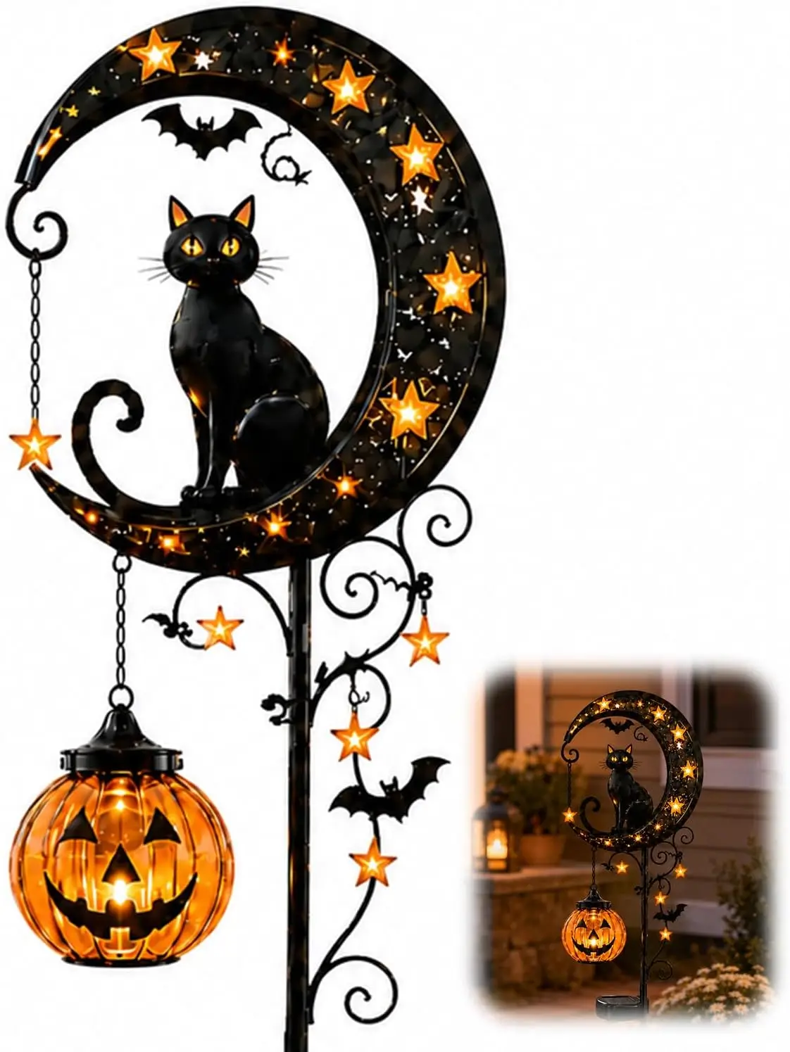Solar Halloween Black Cat Moon Night Light with Pumpkin Lantern - Outdoor Lawn Stake Decor for Yd, Pathway, Patio (1/2PCS)