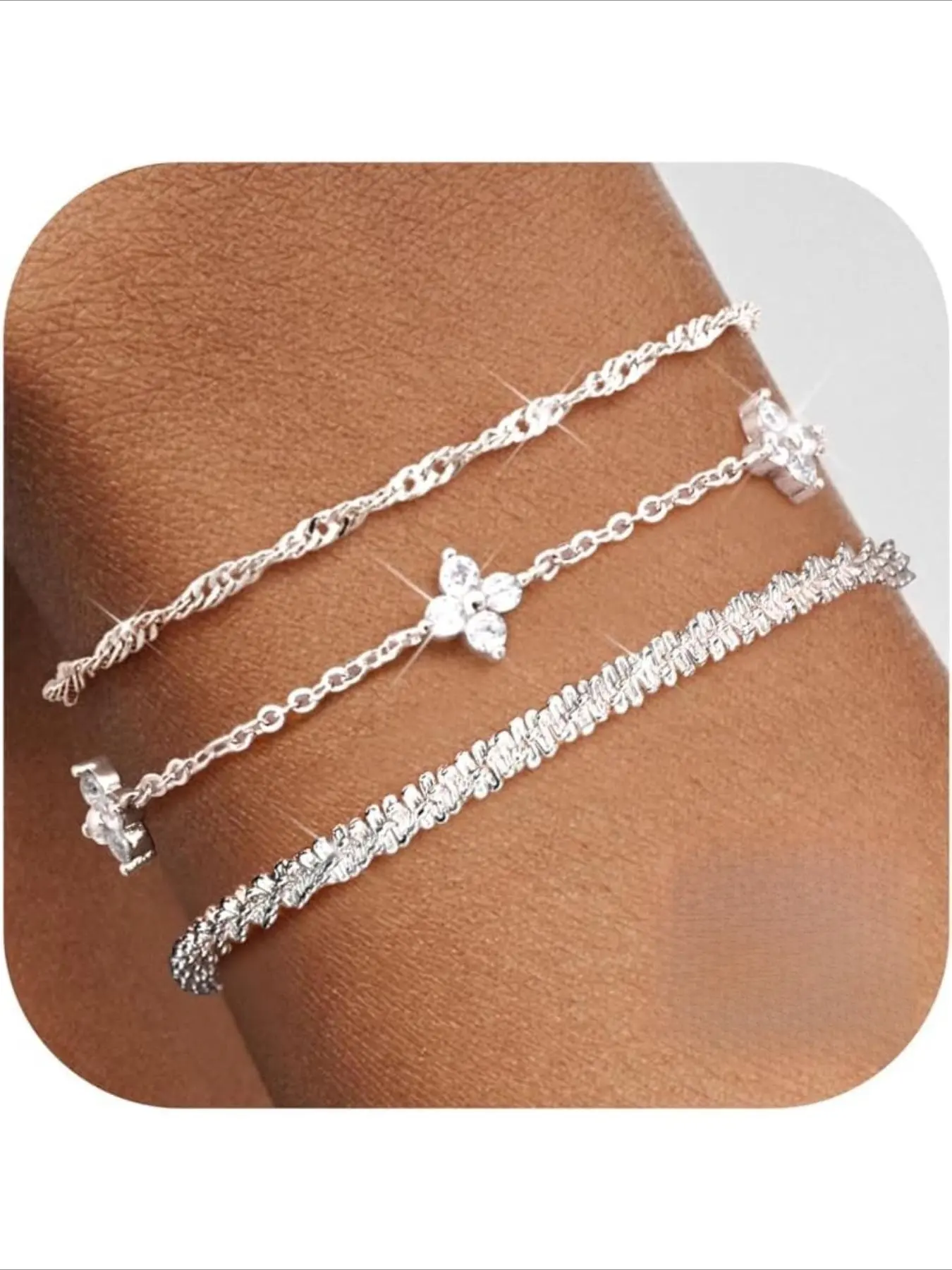 3 Pcs Silver/Gold Bracelets for Women Beautiful Bracelets Sterling Silver Bracelet Set Layered Dainty Link Chain with Zirconia Bracelet Adjustable Stackable Bead Ladies Silver Bracelets Jewelry for Women
