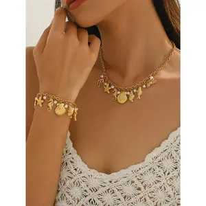 2-Piece Nautical-Themed Gold Pearl Pendant Necklace and Bracelet Set, Shell Starfish Horseshoe Pearl Choker Necklace and Bracelet, Bohemian Summer Beach Layered Jewelry with Marine Life Charms, Suitable for Vacation and Daily Wear