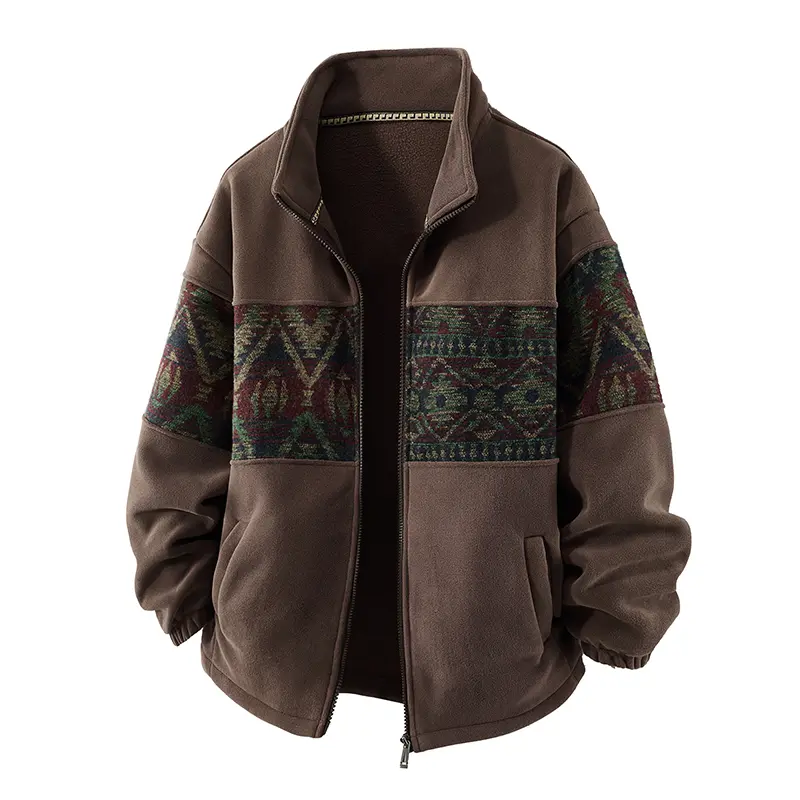Men's Retro Ethnic Pattern Full-Zip Fleece-Lined Long-Sleeve Knitwear Cardigan Jacket - Stand Collar, Casual Loose, Plus Size Fashion, New Year Cool Gifts for Guys, Fluffy Patterned Cold Weather Autumn-Winter Top#sohochic