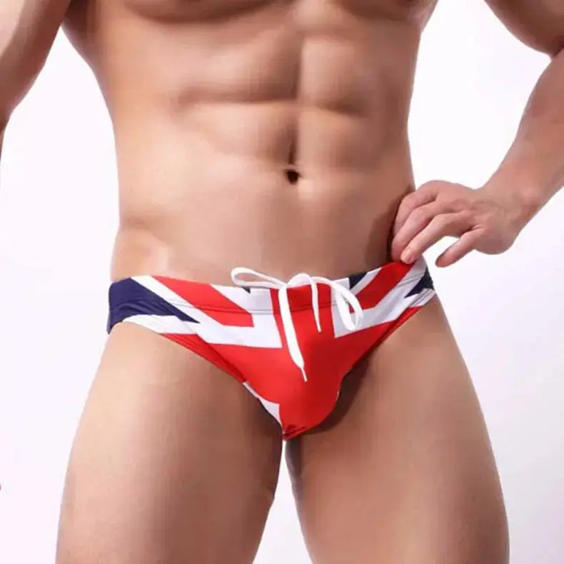 UK Flag Low Cut Swim Brief - Men's Swimwear with Embossed Design, Elastic Waist & Drawstring Closure, Perfect for Water Sports & Beach Tanning