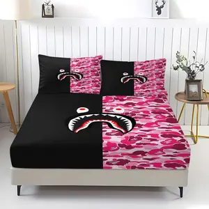 3 Piece Bape Shark Fitted Sheet Bed Sheet Set,Camouflage Print,Including 1 Bed Sheet and 2 Pillowcases,Non Slip Dust Cover Suitable for Bedroom and Guest Room Bedding,Suitable for Personal Use or Gift Giving