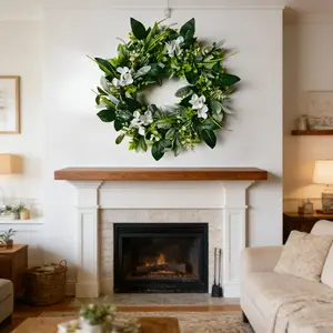 Minimalist Farmhouse Style Greenery Wreath, Mixed Leaves with Hydrangea Flowers, All-Season Decor for Porch and Entrance, Christmas