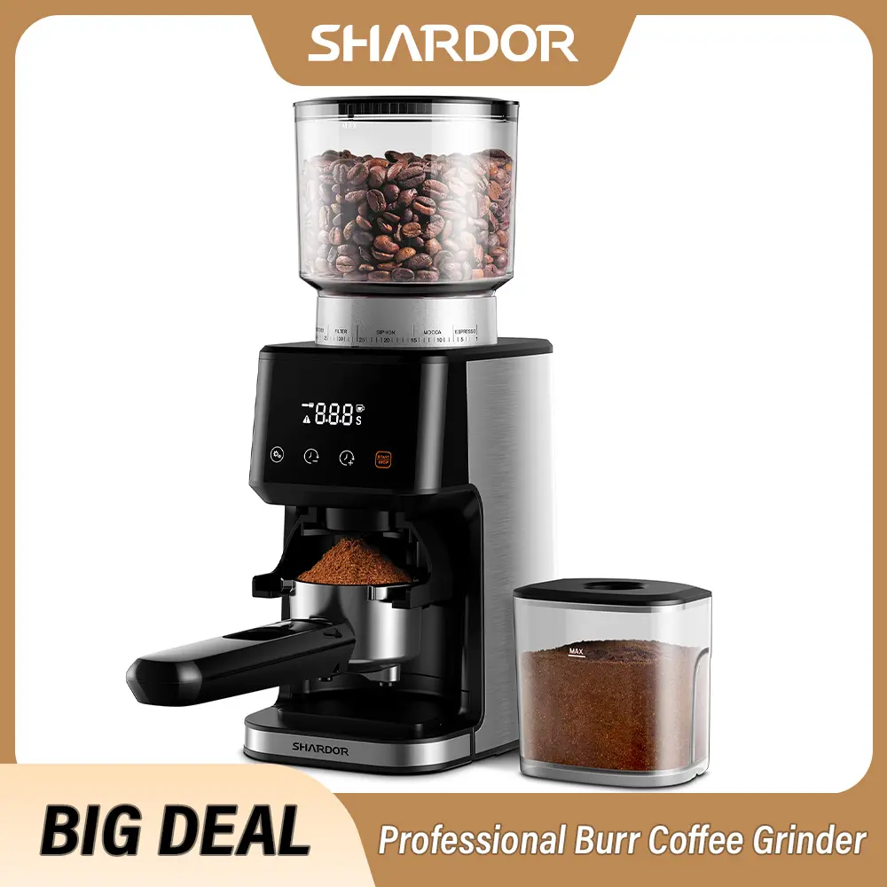SHARDOR Stainless Steel Electric Conical Burr Coffee Grinder - 51 Precise Settings, 165W Power, Precision Timer, Touchscreen Adjustment, Cup Selection, Anti-Static, Easy to Clean, Cleaning Brush, Large Hopper, US Plug, Even Grinds for Espresso Lovers, Cof