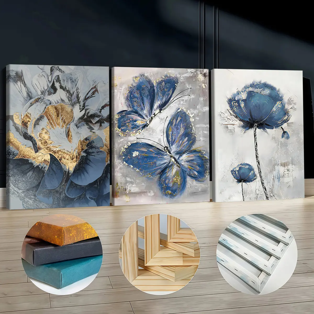 3-Pcs Wooden Framed Canvas Art Prints Set - Blue Butterfly, Colorful Flowers, Gold Foil Animals Designs, Odorless Gold Accent Wall Decor for Living Room, Nature Art Home Supplies