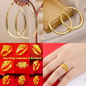 Elegant Gold Hoop Earrings & Gold-Plated Rings Set - Oval-Cut Diamond & Large Hoop Styles  Valentine's Day, Anniversaries, and Everyday Wear High Quality Gold Plating,  Random Floral Rings Included, valentines gifts for gf