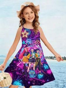 Girls Kpop Korean Summer Strap Dress, Cyber Neon Sleeveless Tank Top, Starburst Cute Pet 3D Creative Print Dress