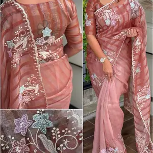 Fabric-* *Saree-pure Tissue* *Blouse-pure Tissue*  *SIZE-* *Saree-5.5mtr* *Blouse- 1mtr*  *Pattern-* *1-Thread Embroidered work in saree & Blouse* *2-Pearl stone work ready free size Blause same as picture