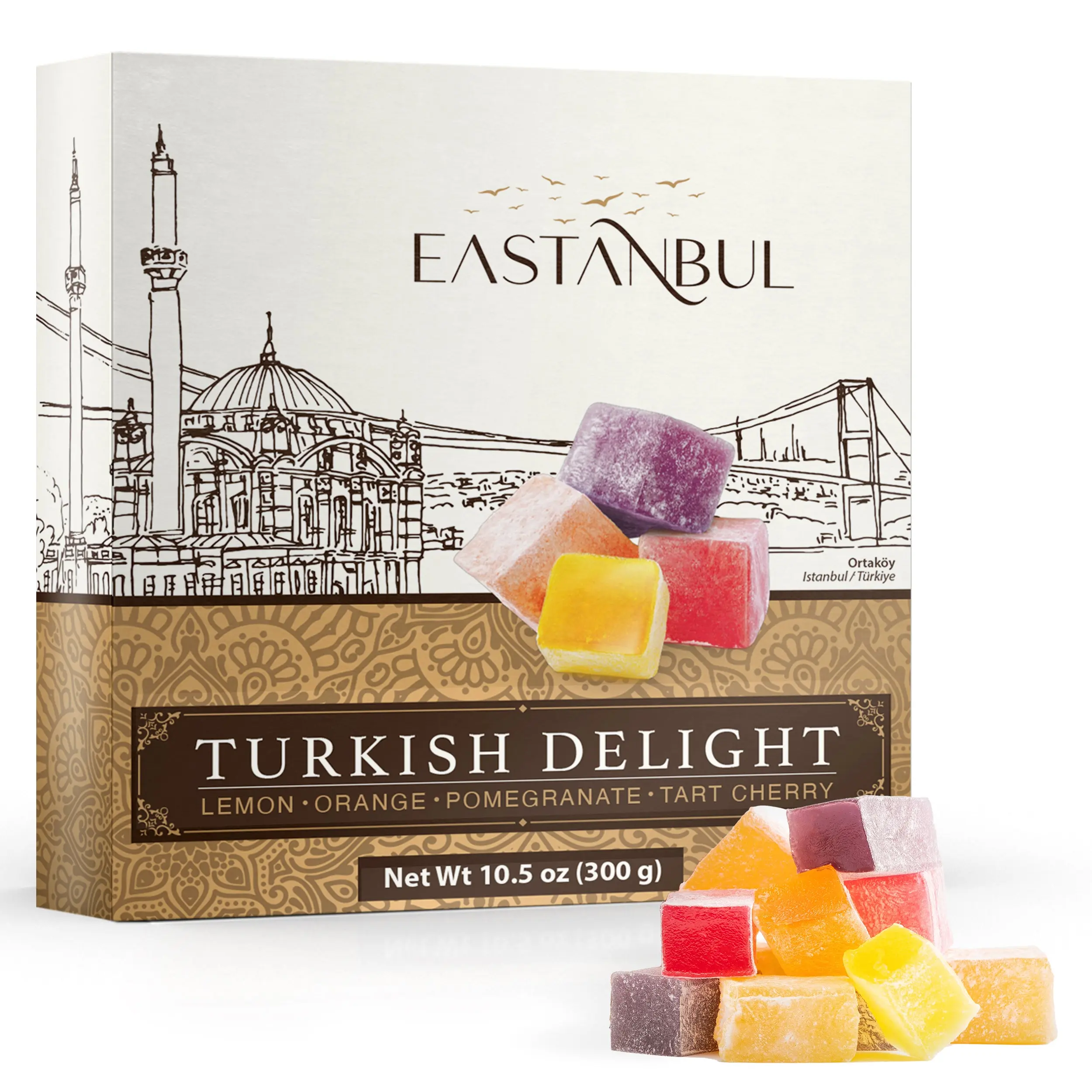 Eastanbul Turkish Delight Assorted 4 Citrus Flavors (Pomegranate, Orange, Lemon, Tart Cherry), 10.5oz Lokum Candy, Nut-Free Vegan Gluten-Free Dessert Gift Box