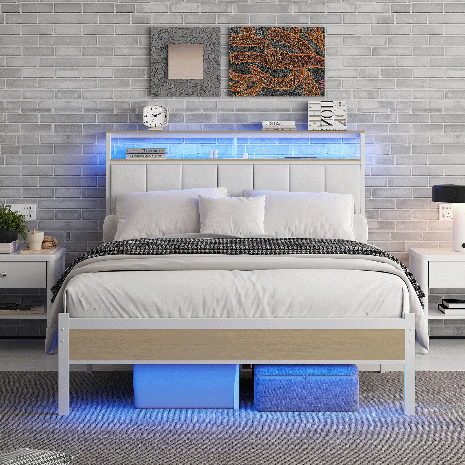 Twin Size Bed Frame Upholstered Headboard with Charging Station LED Lights Metal Frame 2-Tier Storage Shelves No Box Spring Needed Black Modern Bedroom Furniture Easy Assembly