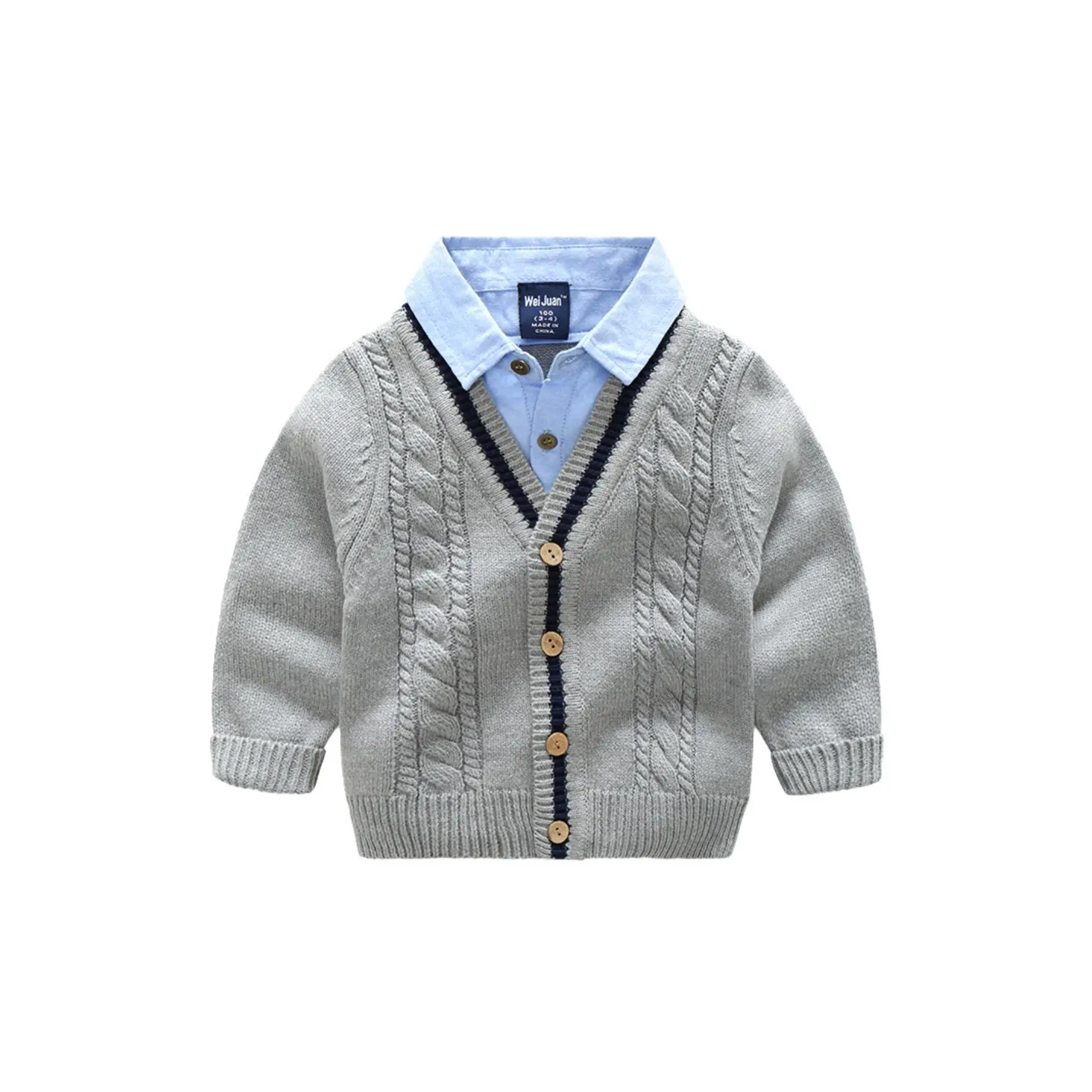 Boys' Soft Blend False Two-Piece Sweater with Shirt Collar - Lightweight Breathable Knit Sweater for School & Casual Attire, All-Day Play, Layering Piece in NavyLight Grey, Easy-Care Round Neck Design for Fall/Winter, Casual Outfits for Boys