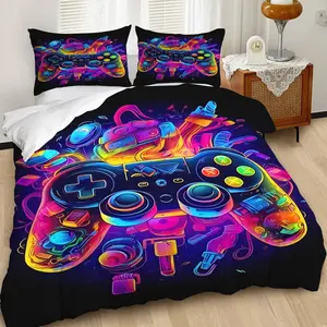 Neon Cyberpunk Duvet Cover Set, Vibrant Gaming Inspired Bedding Set with Colorful Controllers, Perfect for Modern Bedroom Decor, Soft & Comfortable Fabric for Ultimate Relaxation, Contains 1 duvet cover, 1 or 2 pillowcases (without filling)