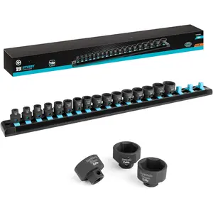 3/8" Drive Stubby Impact Socket Set, Low Profile Impact Sockets, 19-, Metric, Size Covers 6-24mm, Cr-Mo Steel, Organized in  Storage Rail