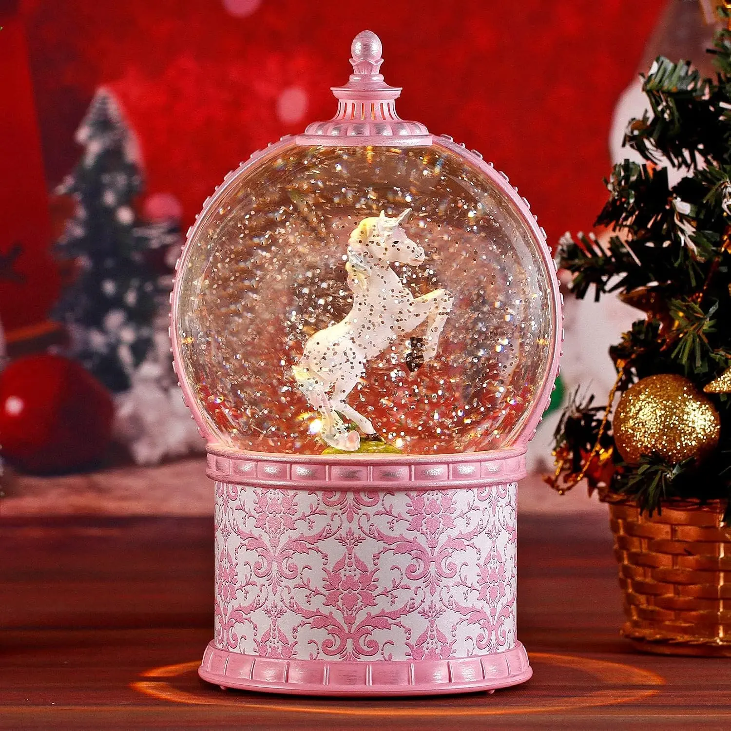 7.1 Inch Lighted Musical Snow Globe with Swirling Glitter Battery Operated & USB Powered Music Box Great Christmas Valentines Day Gift for Girls Women