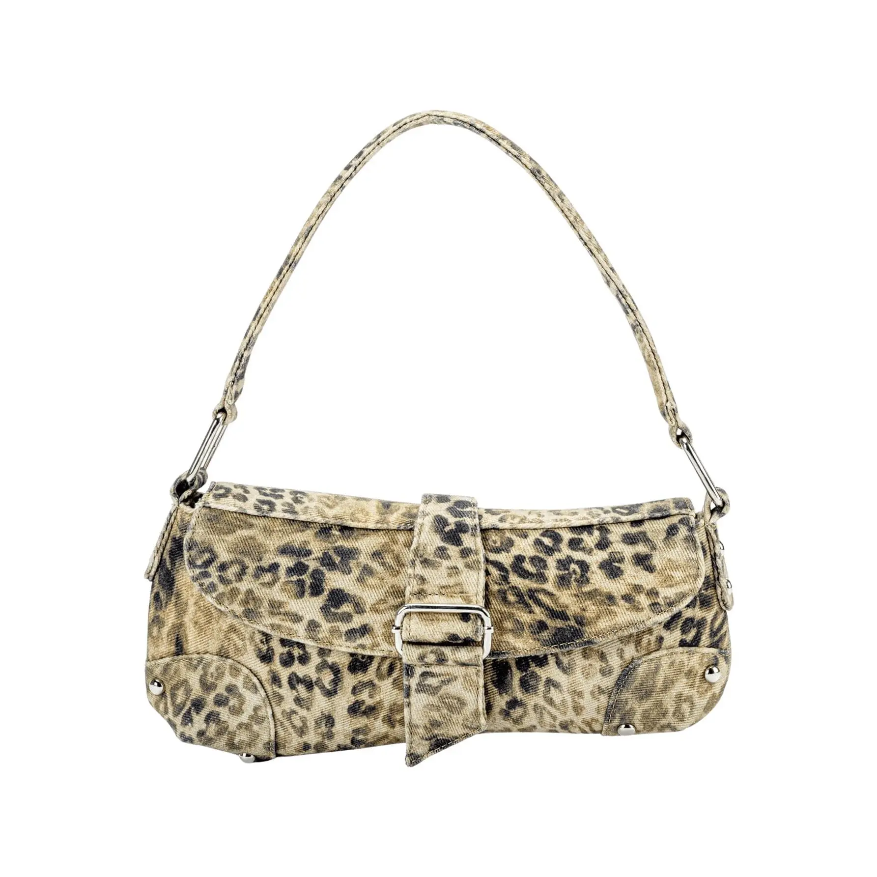 DealsForYouDays Y2K Leopard Print Shoulder Bag Denim Handbags Retro Cheetah Purses Top Handle Buckle Clutch Underarm Bag