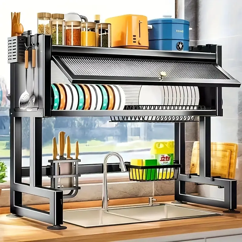 1-Tier Stainless Steel Over Sink Dish Drying Rack, Hygienic Kitchen Organizer for Bowls, Cutting Boards, Dishware, Utensils & Dustproof Storage Shelf for Kitchen Organization