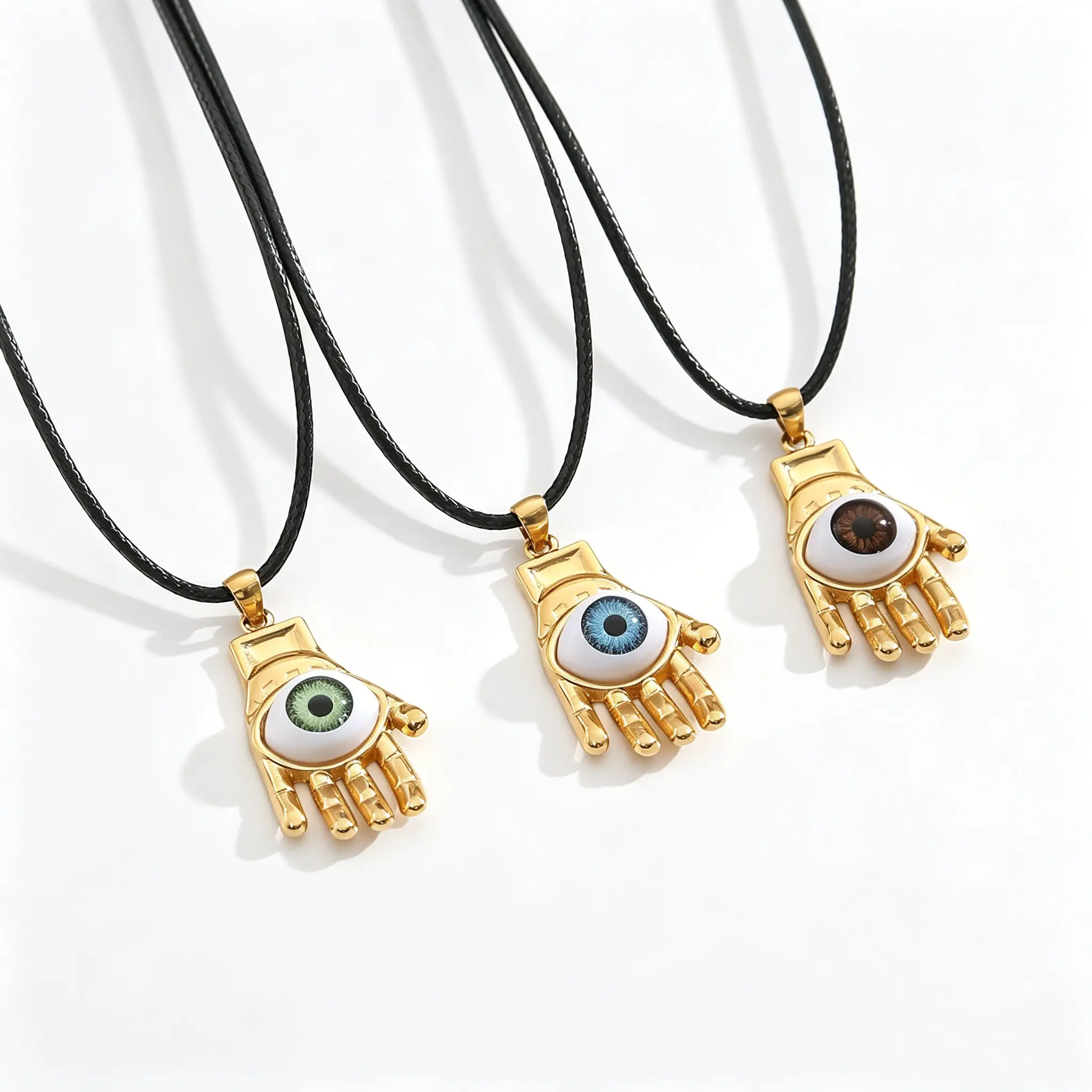 Elegant Vintage Hamsa Hand Evil Eye Pendant Necklace - Polished Gold Palm Charm with Multi-Color Realistic Eye, Adjustable Soft Black Wax Rope Chain, Unisex Gothic Streetwear Accessory for Daily Layering, No Ordinary Holiday Gift, Realistic Eyeball