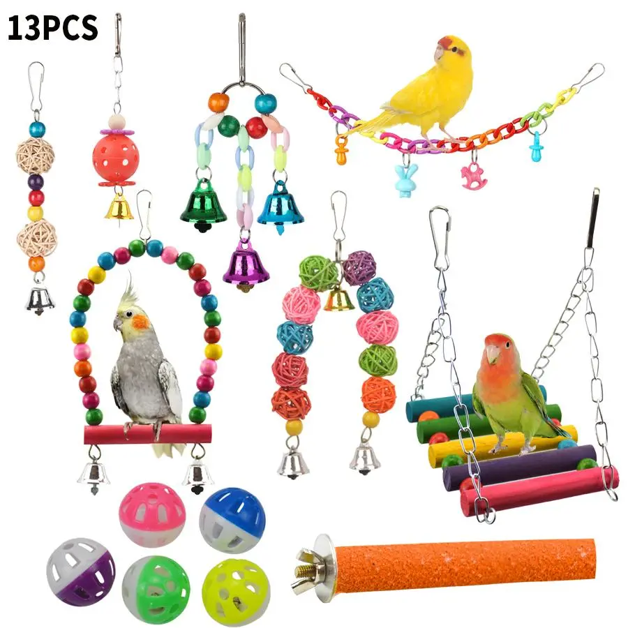 Random Color Parrot Toy, 13pcs/set Interactive Bird Chewing Toy Include Bird Swing, Perch, Stand, Bell, Hanging Hammock, Bird Cage Toy Suitable for Parakeet