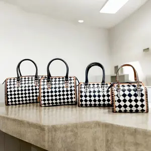 Checker Tooled Leather Speedy Bag - Genuine Leather with Comfortable Adjustable Straps & Multiple Pockets