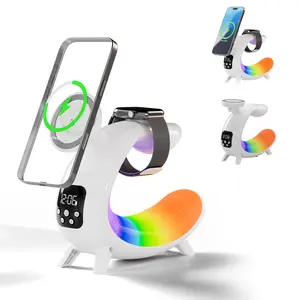 6-in-1 Wireless Charging Station 15W Fast Charger with Bluetooth Speaker Digital Clock & RGB Mood Light for iPhone 13-17 Apple Watch AirPods Android Phones Perfect Desk Organizer Gift fathersdaygift