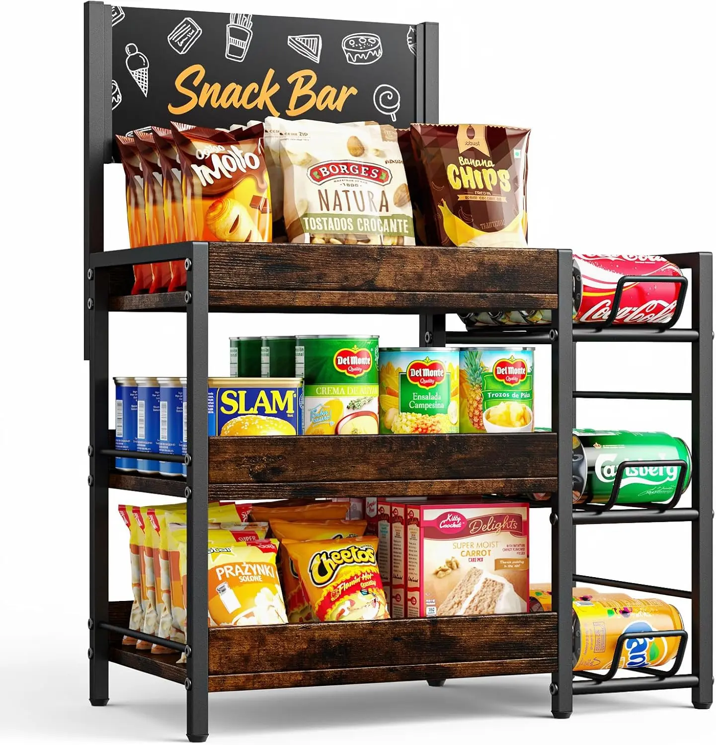 Moko 3 Tier Candy Display Rack, Snack Organizer for Countertop, Wooden Snack Chips Display Retail for Snack Station, Kitchen, Counter, Office, Store, Party, Black+Vintage Brown
