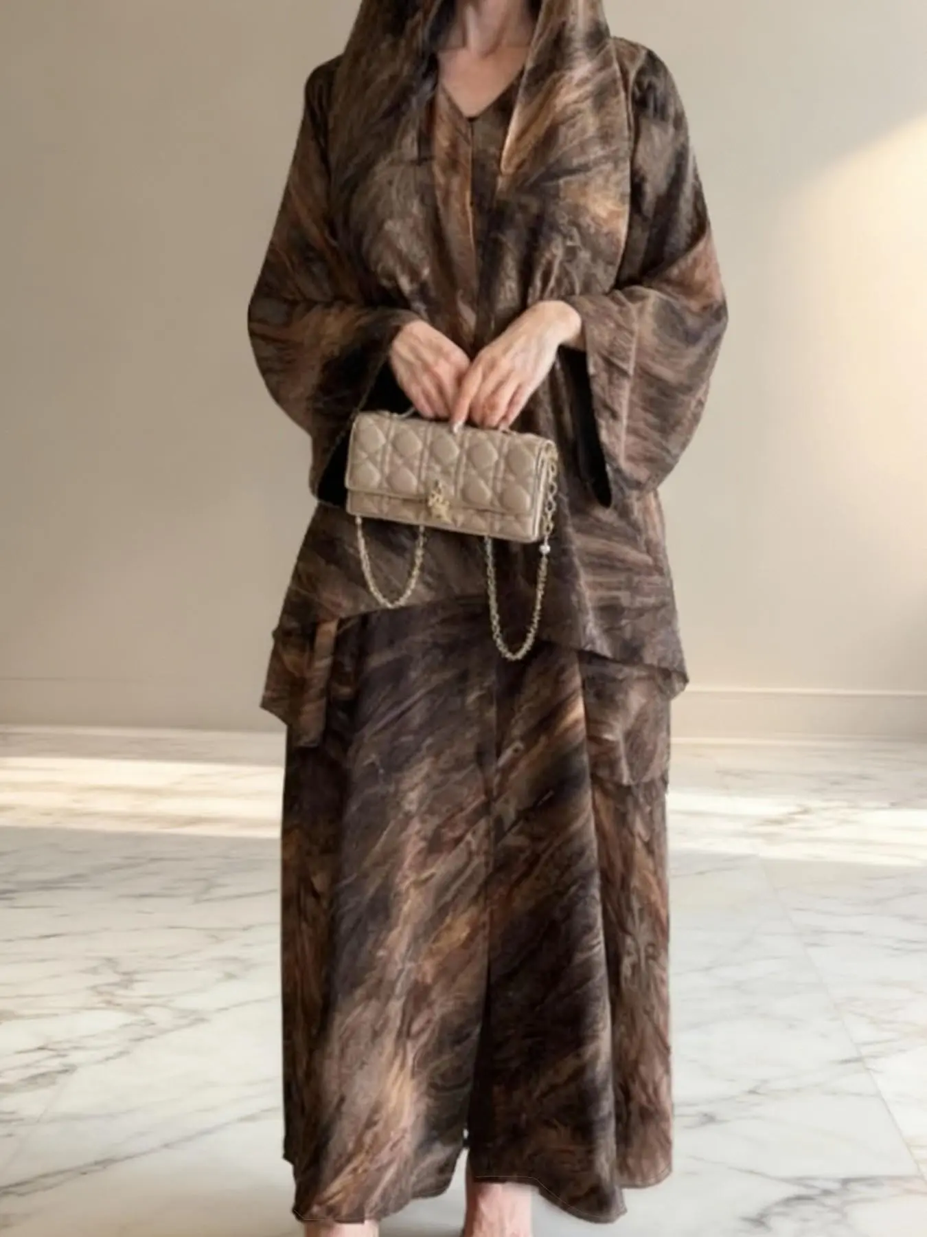 Women's Tie Dye Print Long Loose Fit Sleeveless Open Front Dress, Islamic Modesty Abaya Outerwear, Islamic Modesty Clothes, Muslim Clothing, Colorblock Design, No Headscarf Included